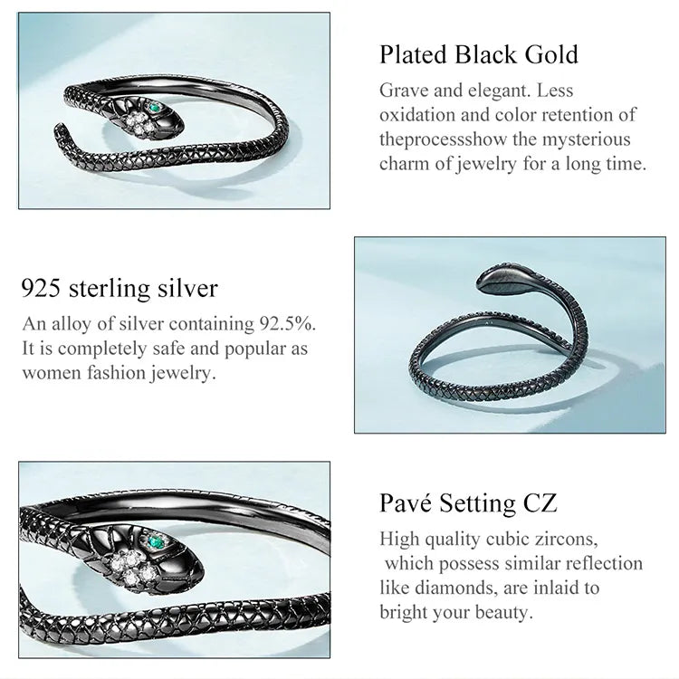 Sterling Silver Platinum Ring, Green Zircon Retro Textures Snake Ring